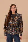 Farm Rio Blue Pineapple Ikat Long Sleeve Matelasse Blouse