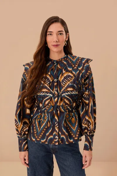 Farm Rio Blue Pineapple Ikat Long Sleeve Matelasse Blouse