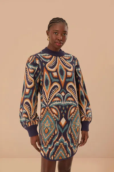 Farm Rio Blue Pineapple Ikat Sweater Dress In Pineapple Ikat Blue