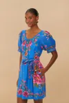 Farm Rio Active Blue Summer Fruit Scarf Euroflax Premium Linen Mini Dress In Summer Fruit Scarf Blue