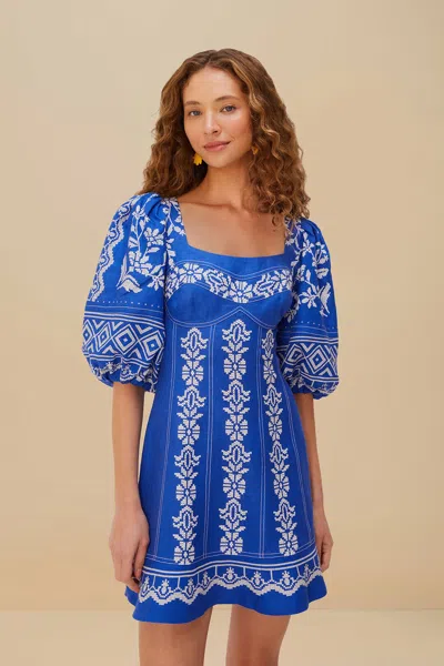 Farm Rio Active Blue Tropical Cross Stitch Euroflax Premium Linen Mini Dress