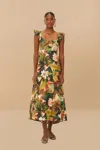 Farm Rio Active Botanical Forest Multicolor Scoop Neck Ruffled Strap Maxi Dress In Botanical Forest Multicolor
