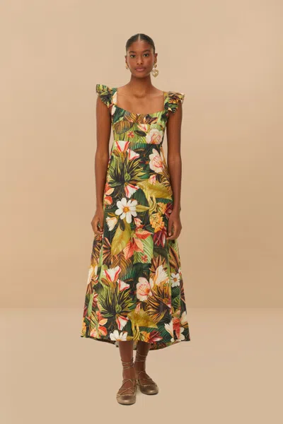 Farm Rio Active Botanical Forest Multicolor Scoop Neck Ruffled Strap Maxi Dress