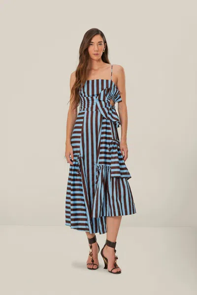 Farm Rio Active Brown And Blue Tropical Flight Stripes Organic Cotton Midi Dress In Tropical Flight Stripes Multicolor