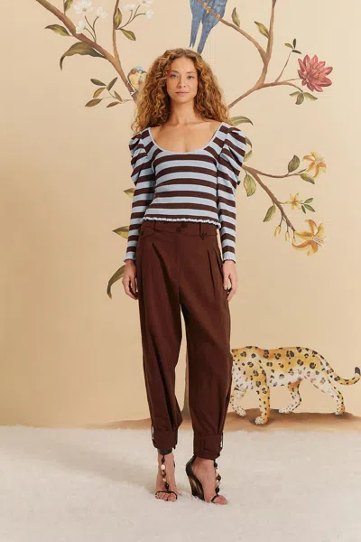 Farm Rio Active Brown High Waist Buttoned Cuff Pants In Burgundy