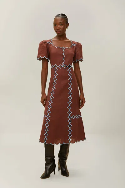 Farm Rio Brown Short Sleeve Euroflax Premium Linen Maxi Dress