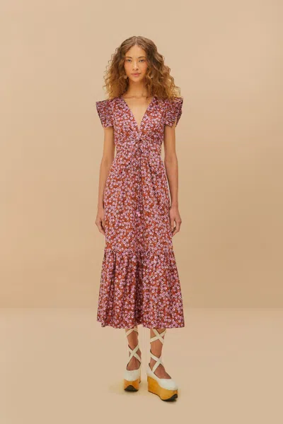 Farm Rio Active Brown Tiny Yard Butterfly Midi Dress In Tiny Yard Brown