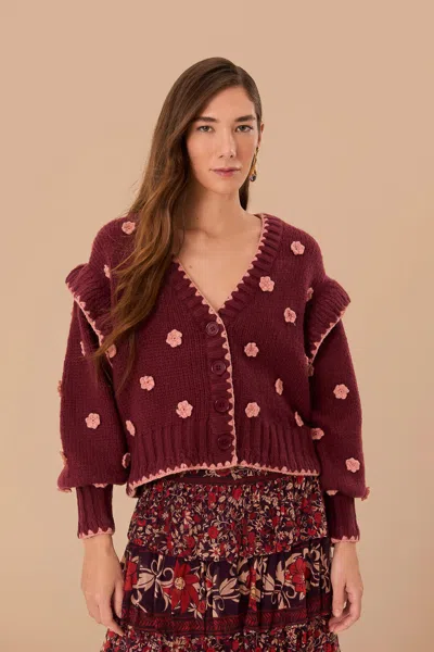 Farm Rio Burgundy Crochet Flowers Knit Cardigan