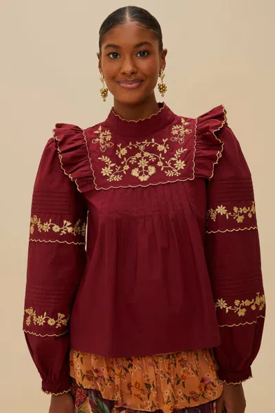 Farm Rio Active Burgundy Golden Embroidered Organic Cotton Blouse