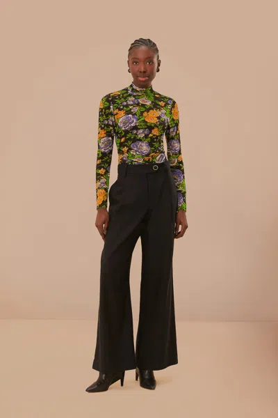Farm Rio Capri Floral Black Jersey Blouse In Multi