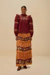 Farm Rio Active Colorful Birds Camel Ruffles Midi Skirt
