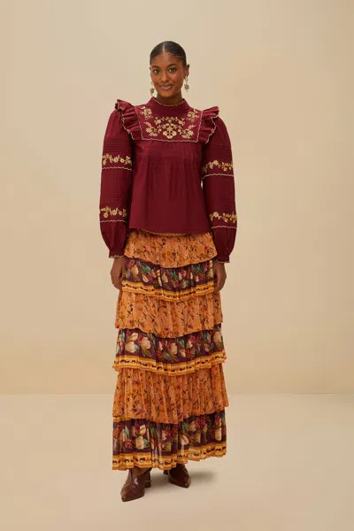 Farm Rio Active Colorful Birds Camel Ruffles Midi Skirt