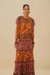 Farm Rio Colorful Birds Camel Smocking Long Sleeve Maxi Dress