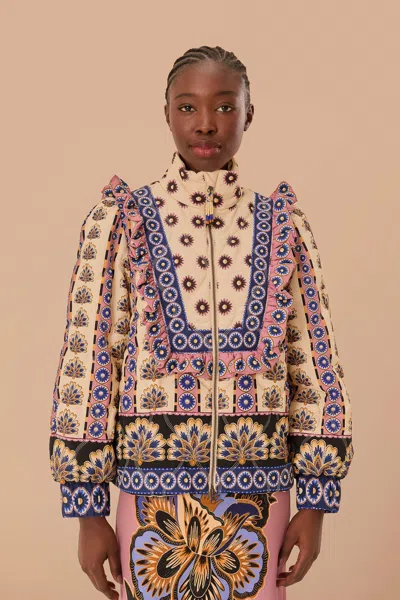 Farm Rio Cream Ainika Maxi Floral Puffer Jacket In Ainika Maxi Floral Cream