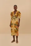 Farm Rio Active Cream Delicate Flower Arabesques Euroflax Premium Linen Midi Dress In Delicate Flower Arabesques Pink