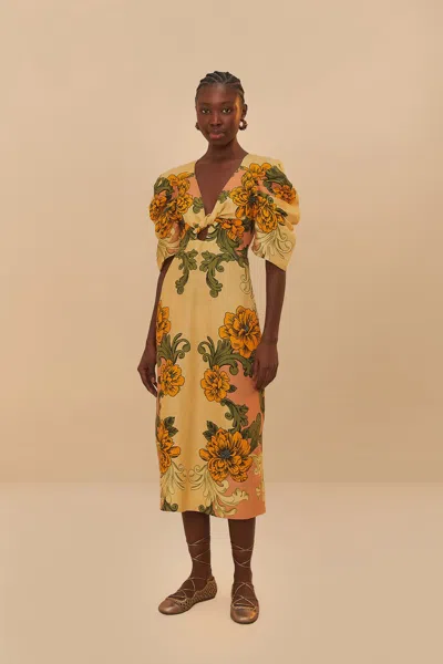 Farm Rio Active Cream Delicate Flower Arabesques Euroflax Premium Linen Midi Dress In Delicate Flower Arabesques Pink