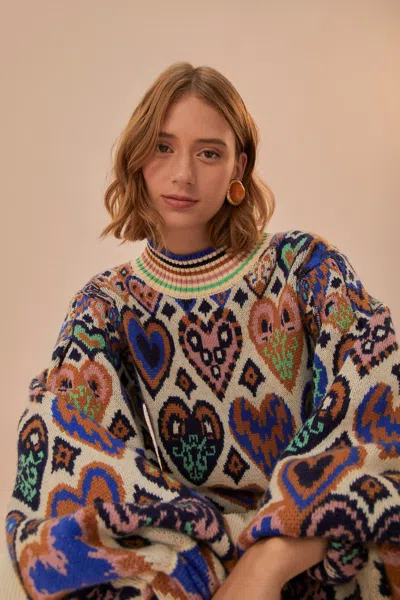 Farm Rio Cream Hearts Ikat Knit Sweater