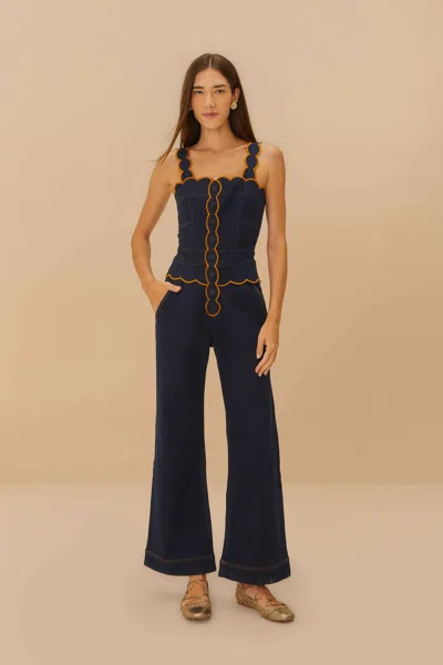 Farm Rio Active Dark Denim Wavy Trim Jumpsuit