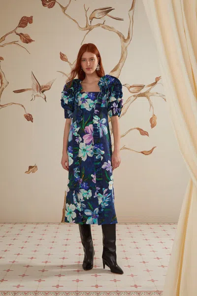 Farm Rio Floraline Ruffle Short Sleeve Midi Dress In Floraline Blue
