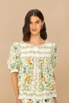 Farm Rio Active Folk Floral Off-white Scoop Neck Short Sleeve Blouse