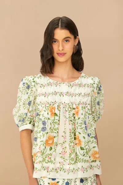 Farm Rio Active Folk Floral Off-white Scoop Neck Short Sleeve Blouse