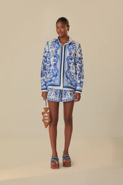 Farm Rio Garden Tiles Plaid Shorts In Blue