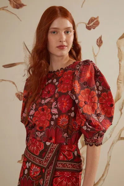 Farm Rio Gigi Tapestry Brown Blouse In Red