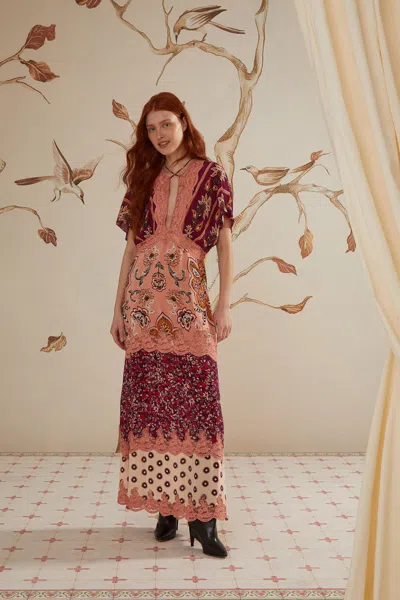 Farm Rio Glam Tapestry Burgundy Laces Short Sleeve Maxi Dre