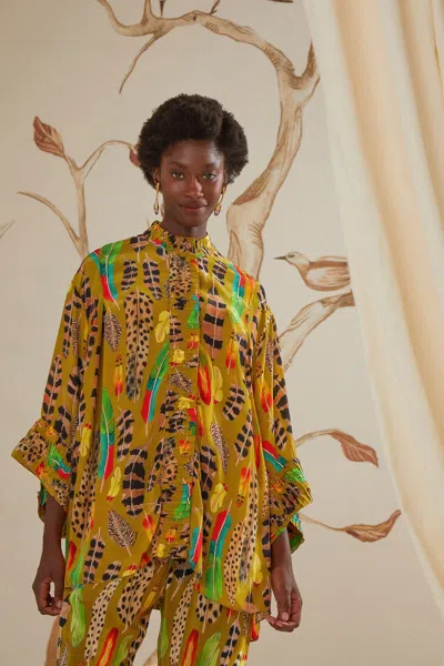 Farm Rio Green Amazon Feathers Long Sleeve Blouse In Multi