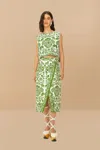 Farm Rio Active Green Delicate Tapestry Lenzing Ecovero Euroflax Midi Skirt
