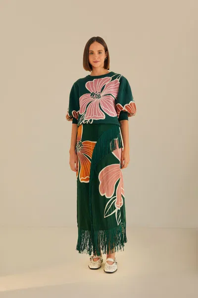 Farm Rio Green Honolulu Flowers Fringe Maxi Skirt