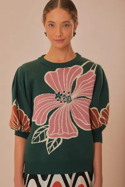 Farm Rio Green Honolulu Flowers Knit Sweater