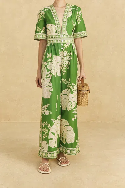 Farm Rio Active Green Lace Monsteras Jumpsuit In Lace Monsteras Green