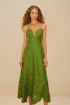 Farm Rio Active Green Monstera Embroidered Euroflax Premium Linen Midi Dress