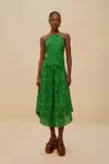 FARM RIO ACTIVE GREEN PALM TREE EYELET HALTER NECK MIDI DRESS