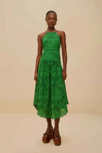 Farm Rio Active Green Palm Tree Eyelet Halter Neck Midi Dress