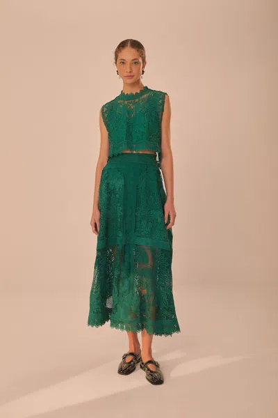 Farm Rio Green Toucan Guipure Midi Skirt