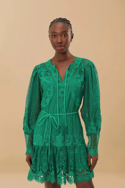 Farm Rio Green Tropical Flight Guipure Mini Dress