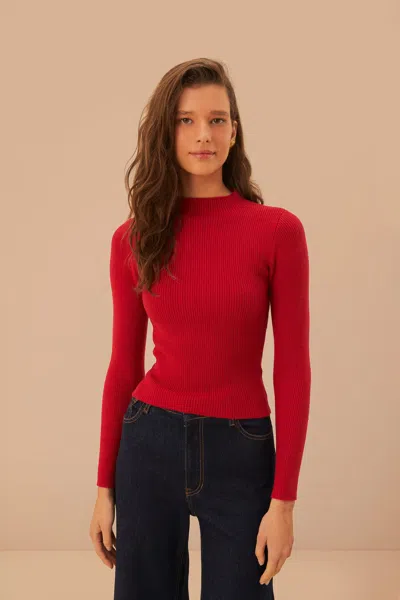 Farm Rio High Neck Burgundy Knit Blouse In Red