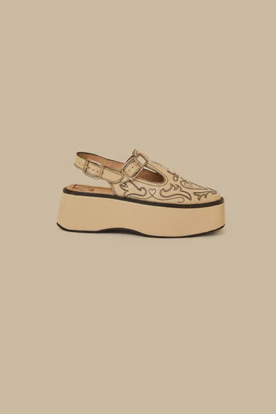 Farm Rio Active Ivory T-strap Embroidered Flatform In Brown