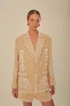Farm Rio Khaki Embroidered Euroflax Premium Linen Blazer In Khaki