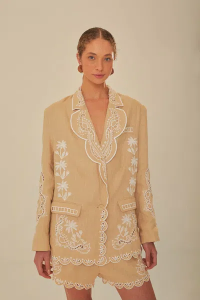 Farm Rio Khaki Embroidered Euroflax Premium Linen Blazer