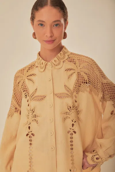 Farm Rio Khaki Palms Richelieu Euroflax Premium Linen Shirt In Gold