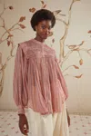 FARM RIO ACTIVE LIGHT PINK PLEATED YOKE LONG SLEEVE BLOUSE