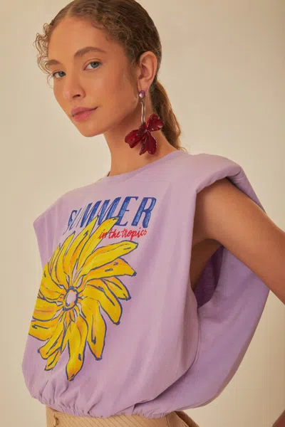 Farm Rio Lilac Summer In The Tropics Shoulder Pad Organic Cotton T-shirt In Purple