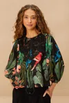 Farm Rio Active Midnight Macaw Fiesta Black Blouse