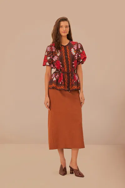 Farm Rio Miranda Brown Short Sleeve Blouse In Multi