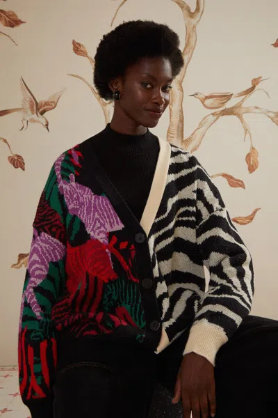 Farm Rio Mixed Zebra Prints Knit Cardigan In Black