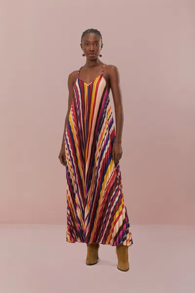 Farm Rio Active Multicolor Diagonal Stripes Pleated Stripes Midi Dress In Diagonal Stripes Multicolor