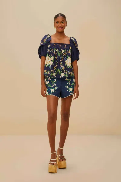Farm Rio Active Navy Blue Flower Tapestry Shorts